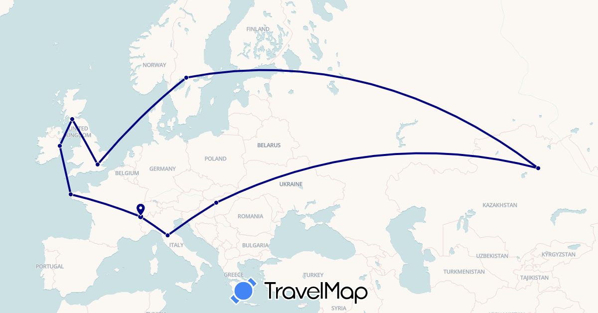 TravelMap itinerary: driving in France, United Kingdom, Hungary, Ireland, Italy, Kazakhstan, Sweden (Asia, Europe)